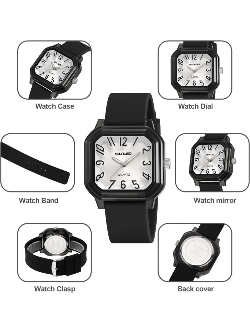 Women’s Blue Big Arabic Numbers Silicone Strap Casual Analog Square Wrist Watch